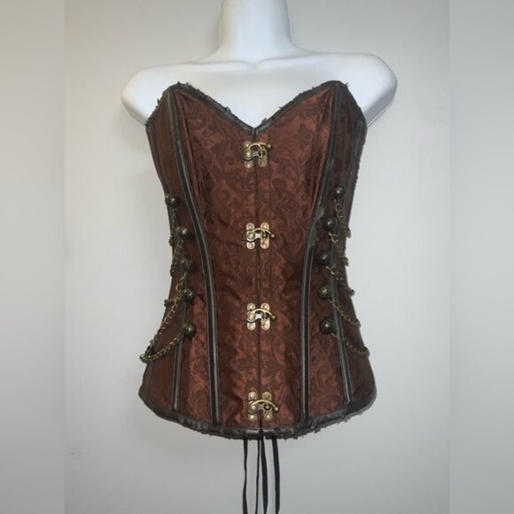 Mahogany Damask Steampunk Over-Bust Corset Top w/ Gold Accents Sz S/M - Picture 1 of 16